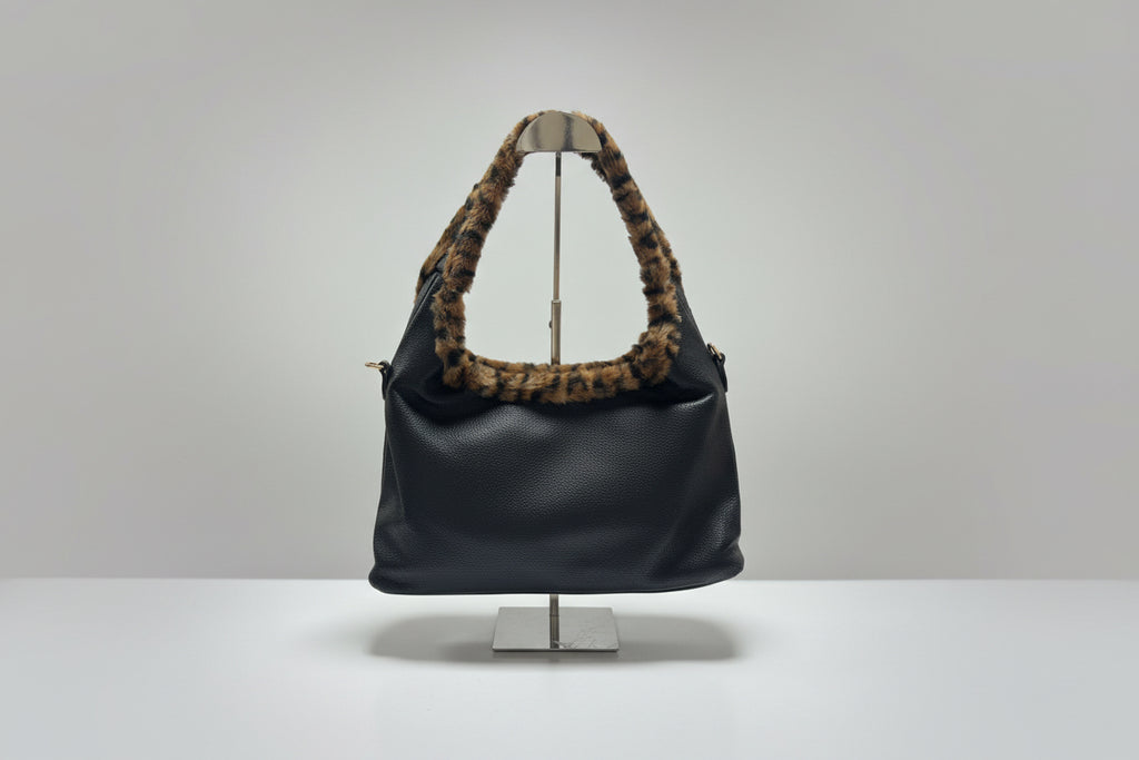 Black Shoulder Bag with Fur Trim