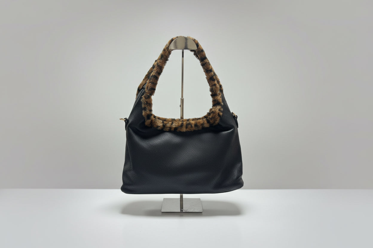 Black Shoulder Bag with Fur Trim