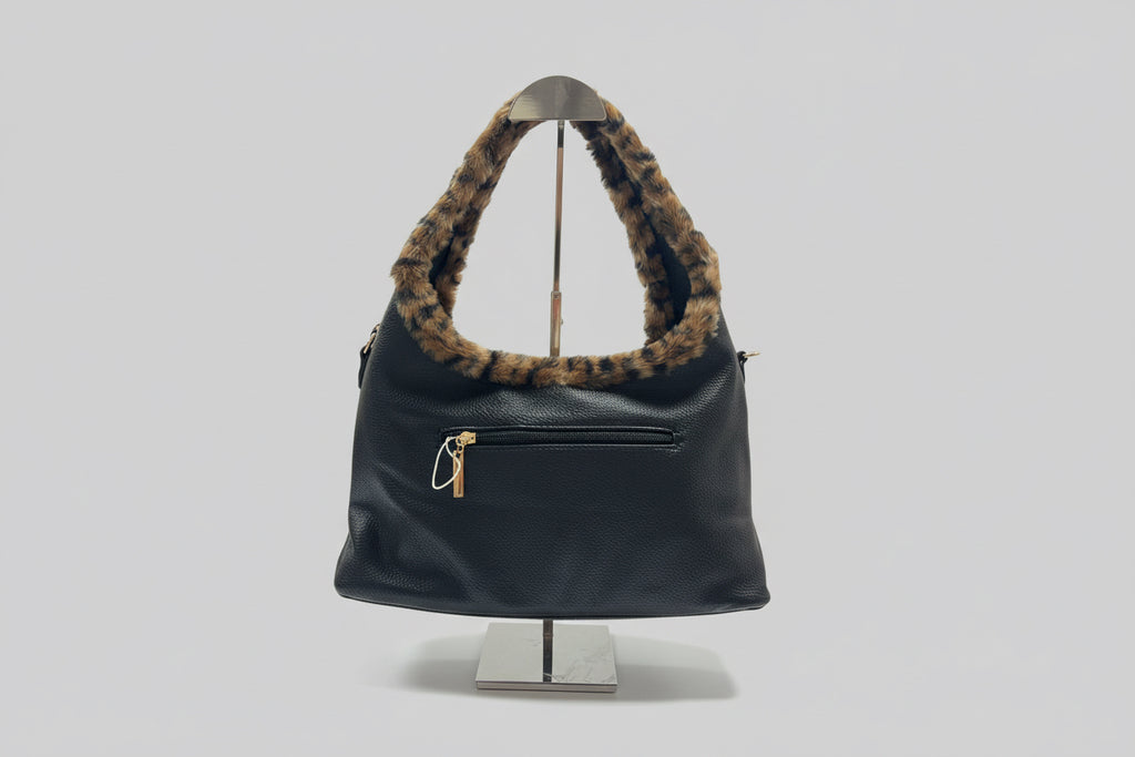 Black Shoulder Bag with Fur Trim