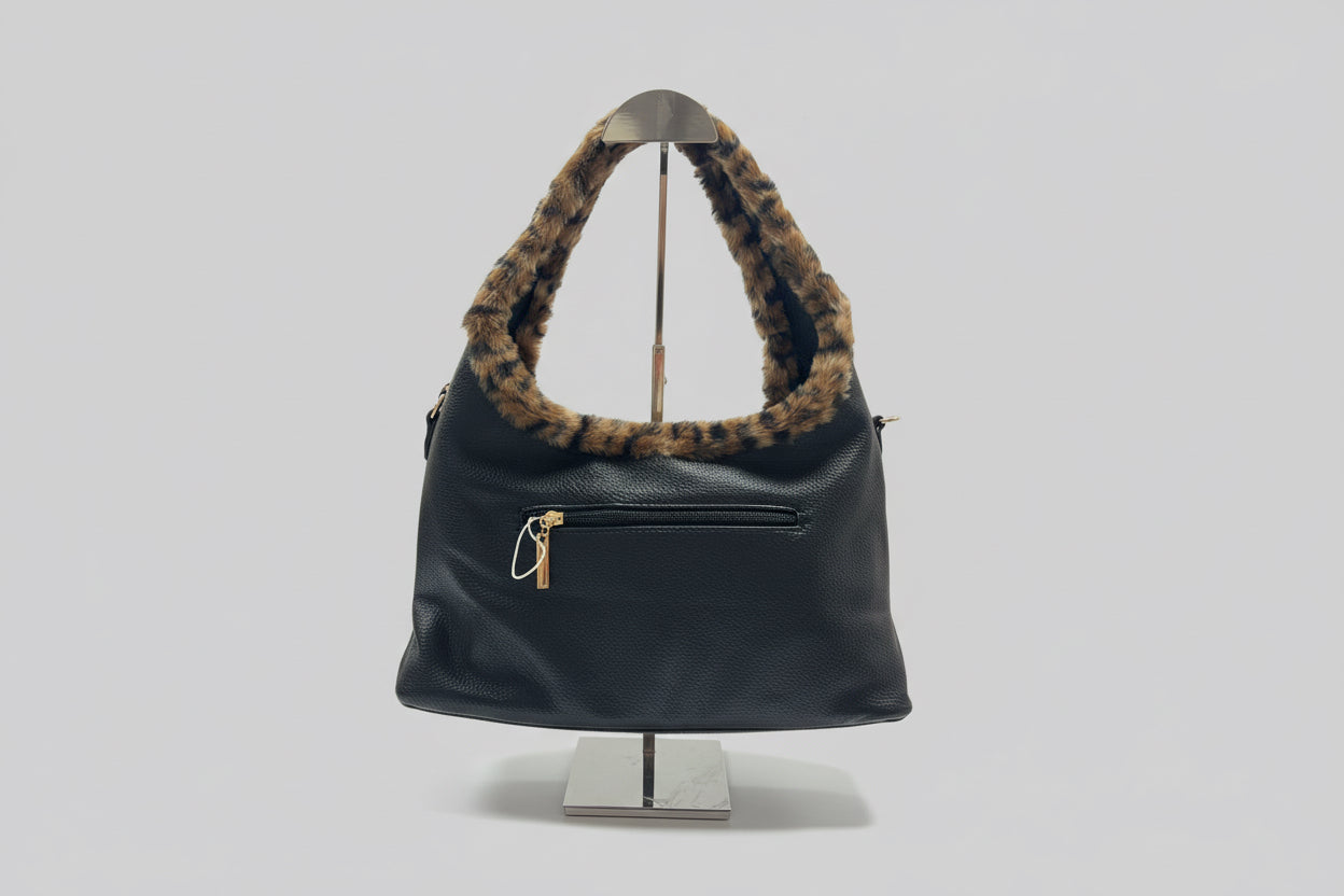 Black Shoulder Bag with Fur Trim