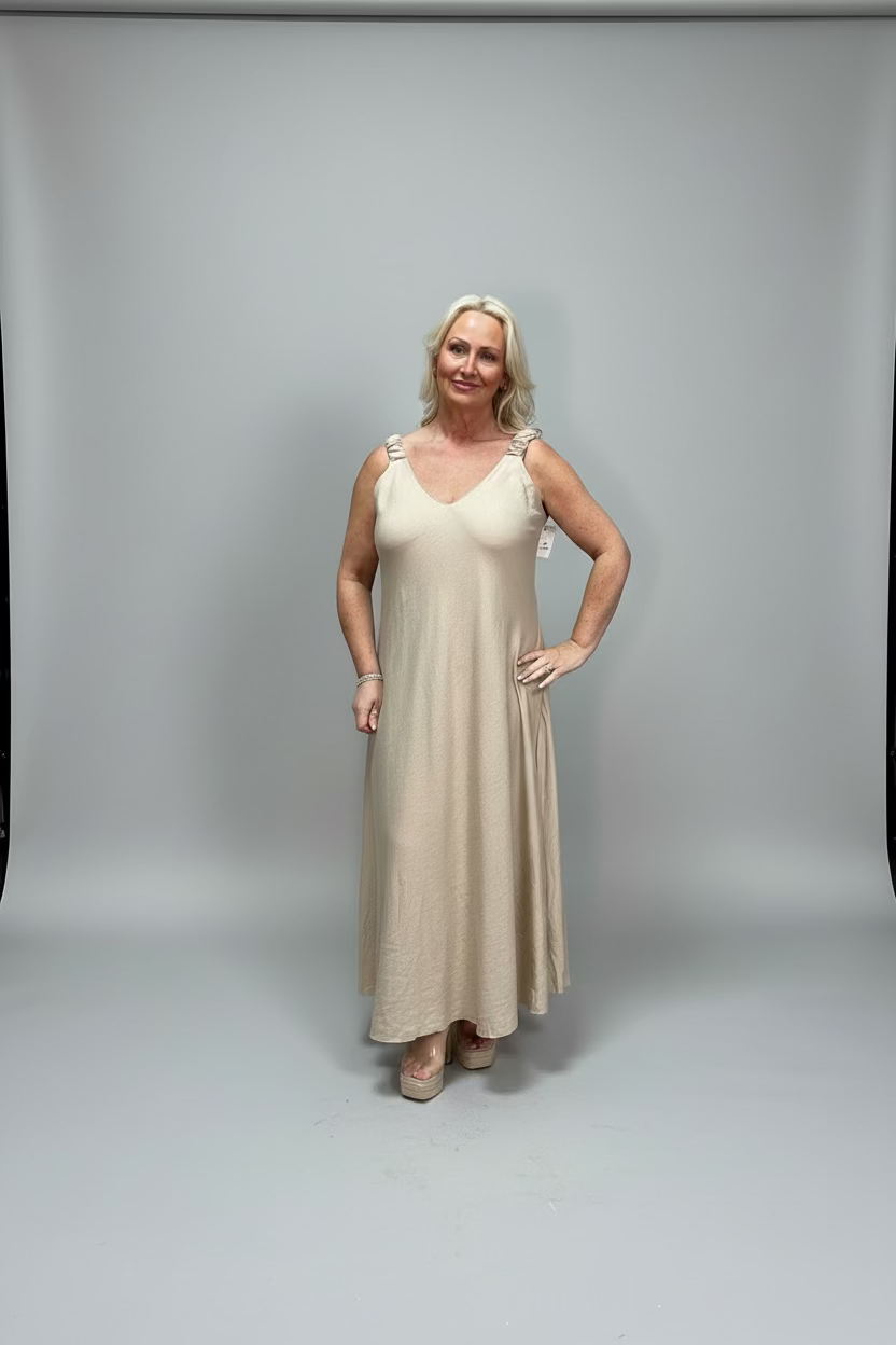 BETH Ruched Shoulder Strap V-Neck Maxi Dress