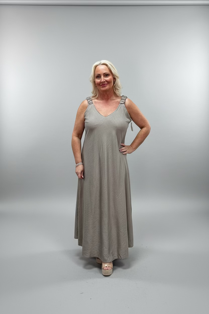 BETH Ruched Shoulder Strap V-Neck Maxi Dress