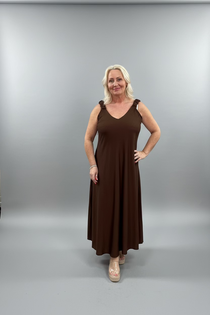 BETH Ruched Shoulder Strap V-Neck Maxi Dress
