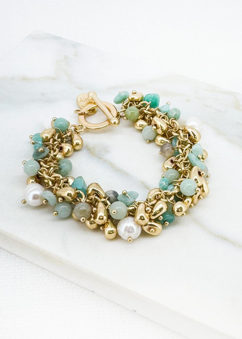Gold and green cluster T-bar bracelet