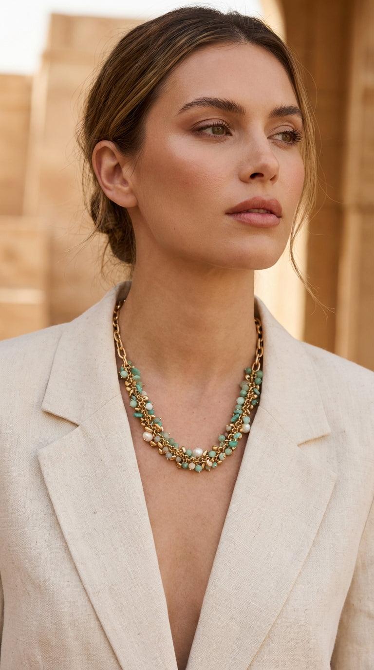 Gold and Green Cluster Design Necklace