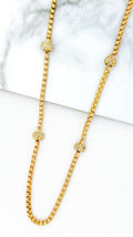 Long gold box chain necklace with diamante details