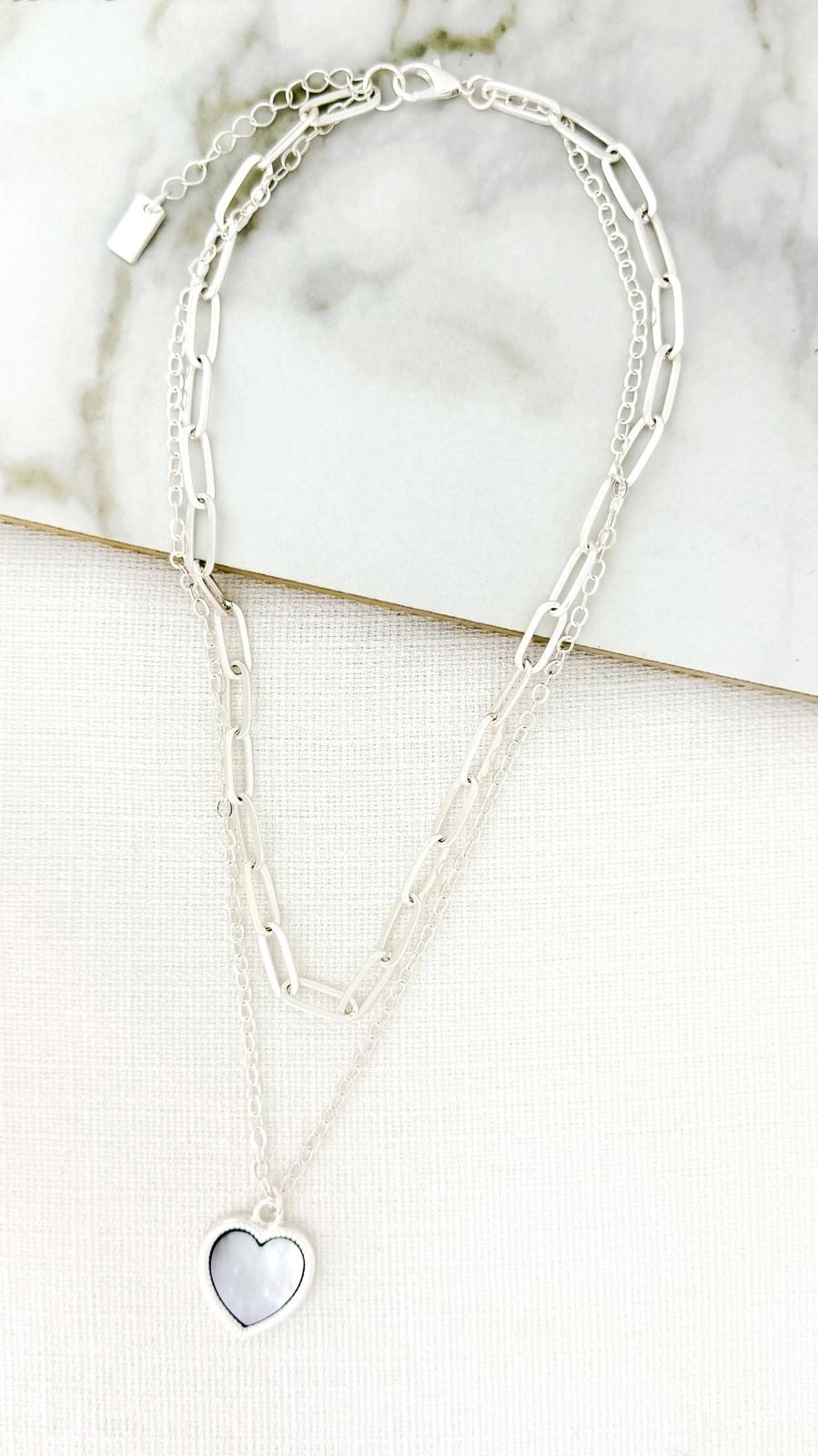 Short silver double layer necklace with grey heart pendant