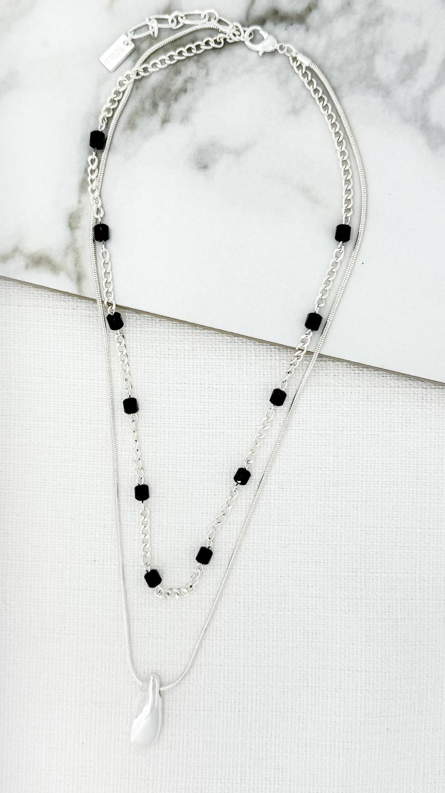 Short silver double layer necklace with Grey Crystals