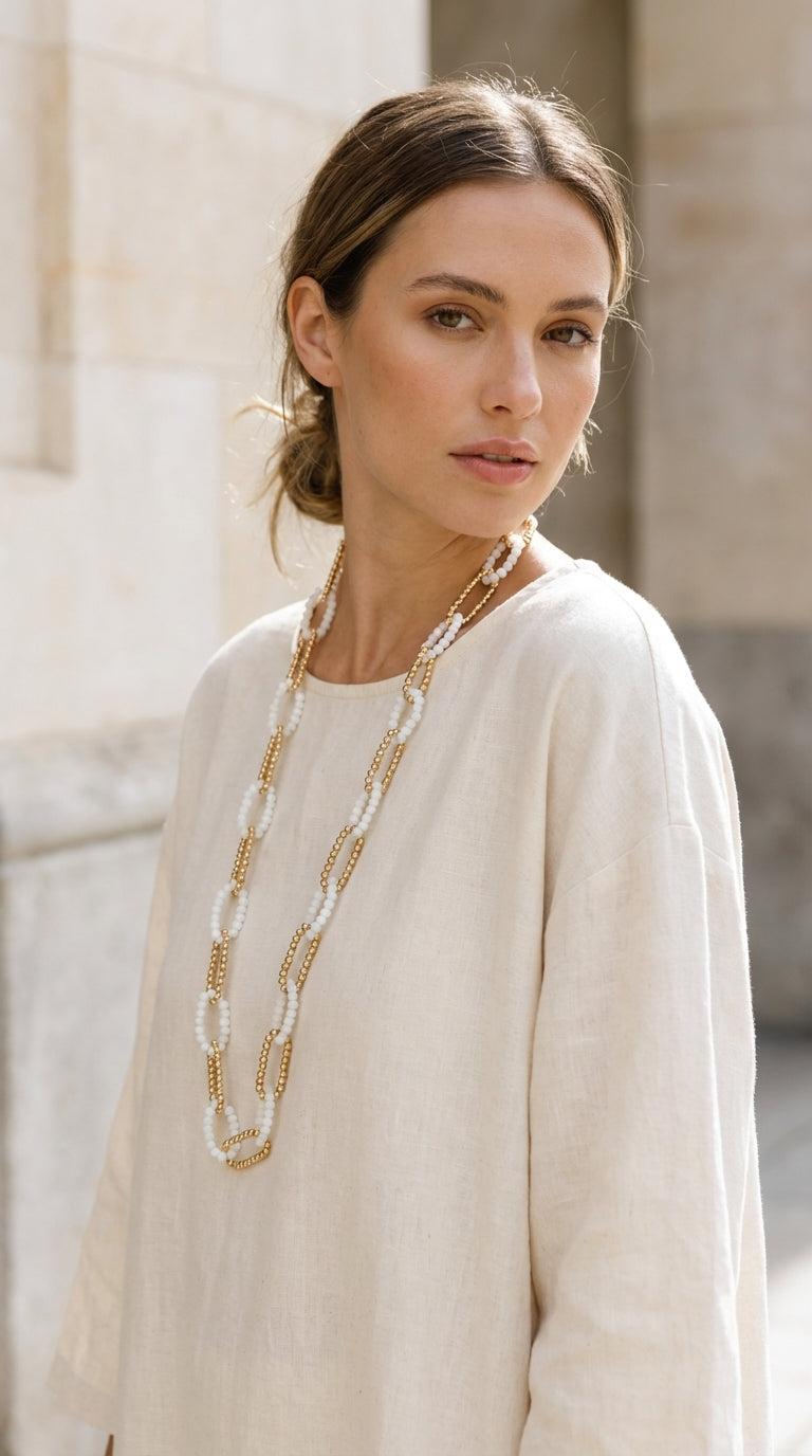 Long gold and white beaded loops necklace