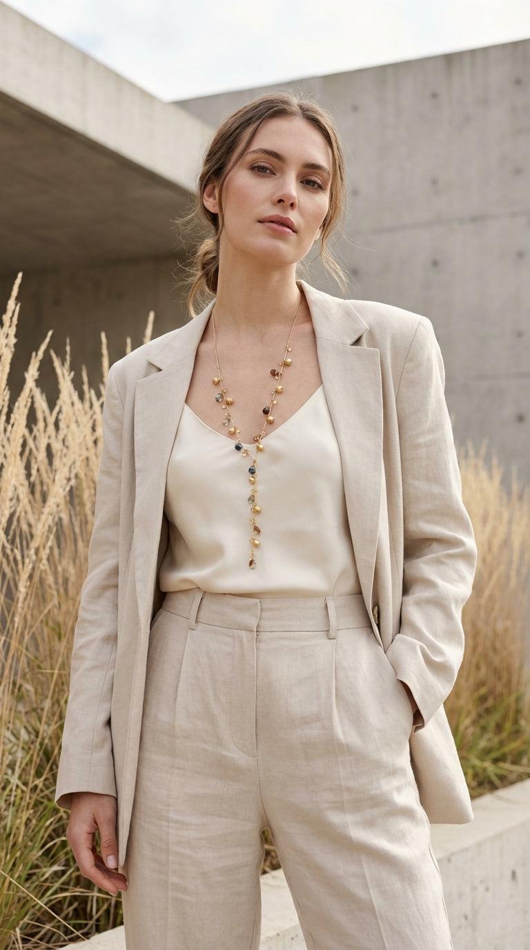 Long gold and faceted crystal bead lariat necklace