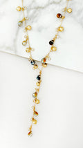 Long gold and faceted crystal bead lariat necklace