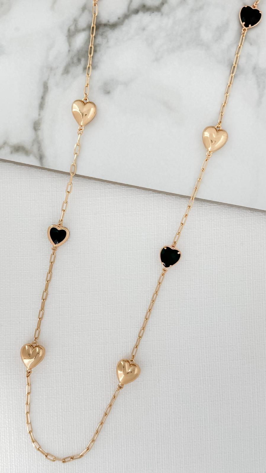Long gold and black hearts necklace