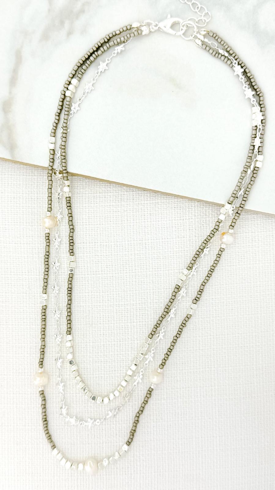 Silver and grey bead triple layer necklace