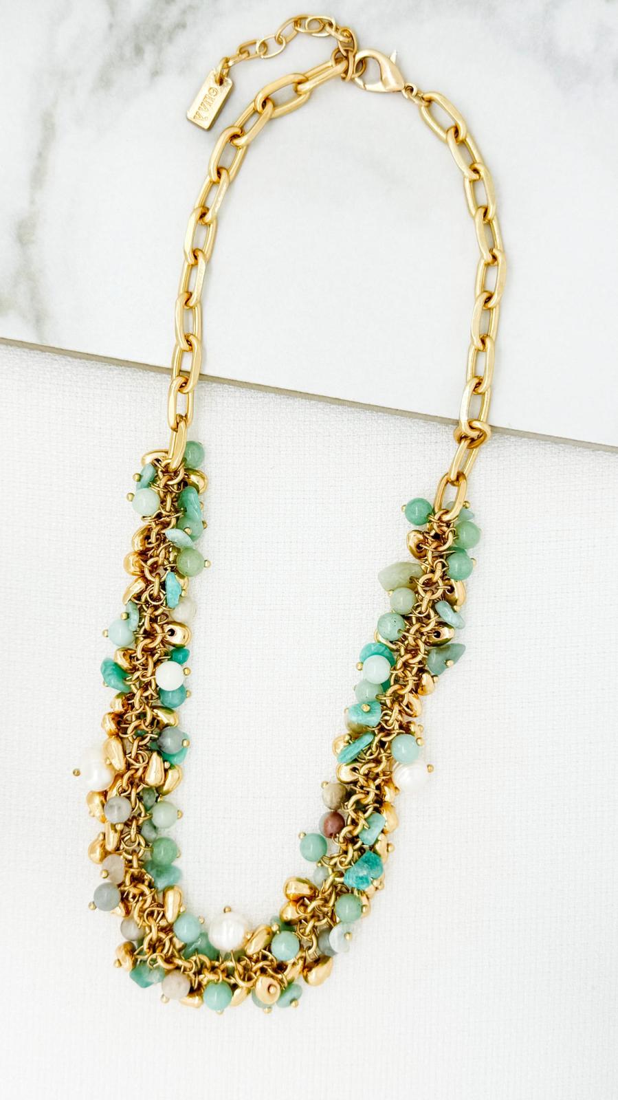 Gold and Green Cluster Design Necklace