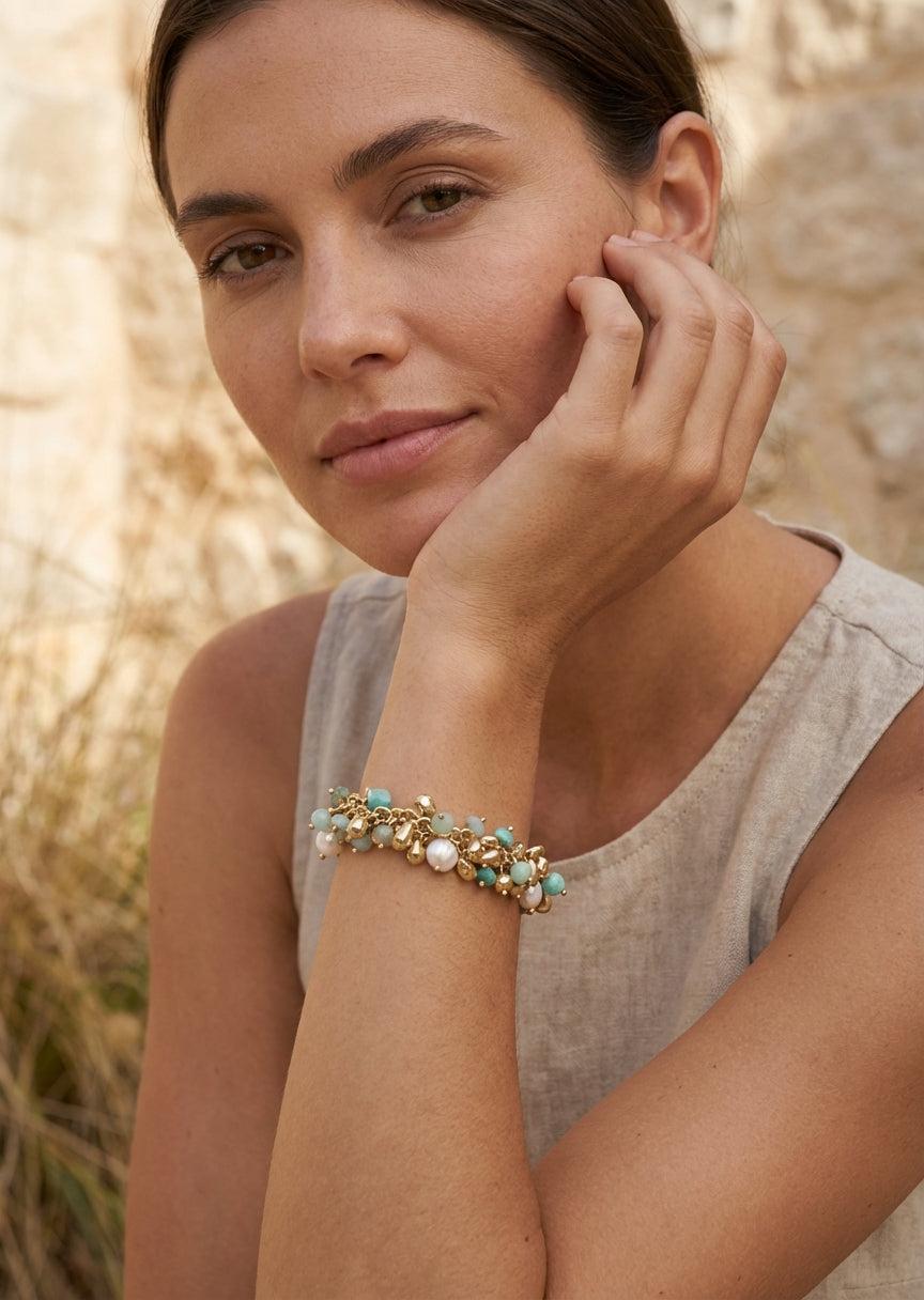 Gold and green cluster T-bar bracelet