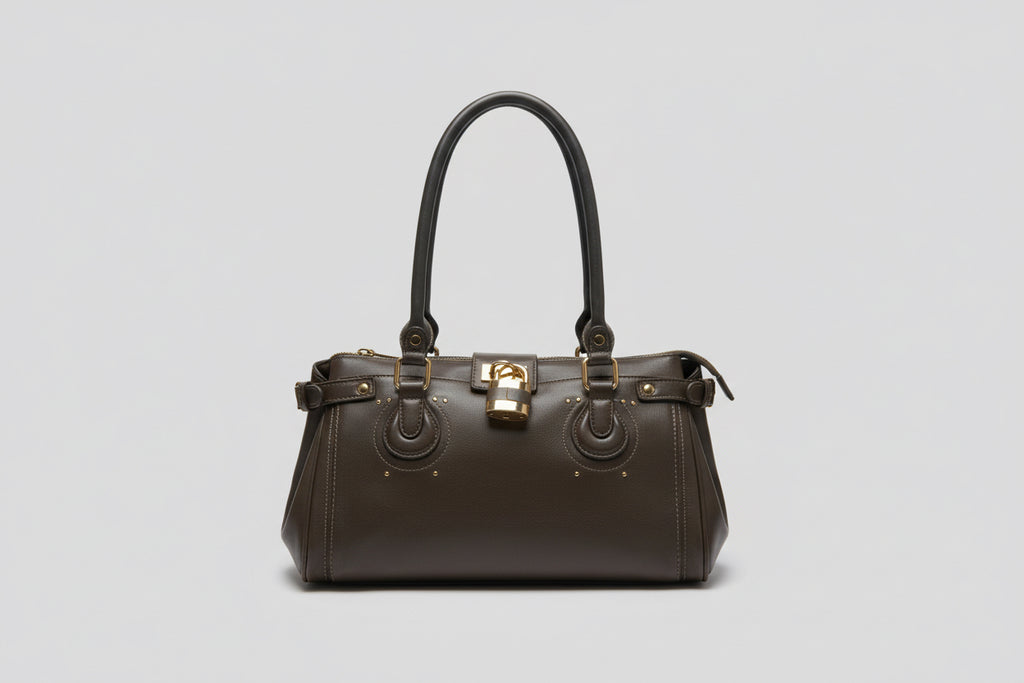 Mocha Barrel Shoulder Bag with Gold Hardware