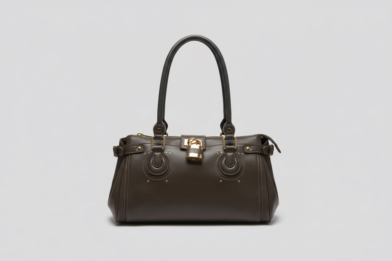 Mocha Barrel Shoulder Bag with Gold Hardware