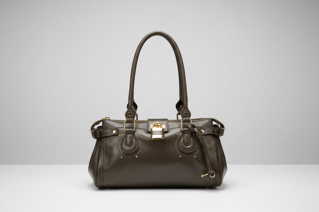 Mocha Barrel Shoulder Bag with Gold Hardware