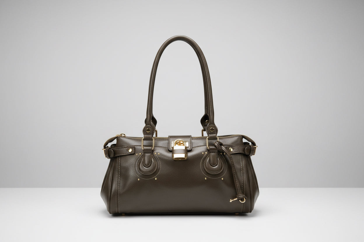 Mocha Barrel Shoulder Bag with Gold Hardware