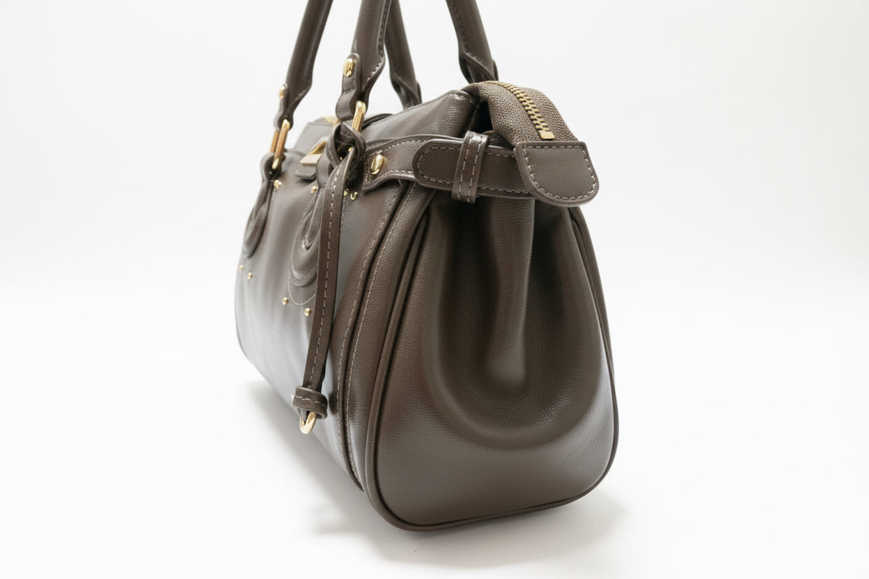 Mocha Barrel Shoulder Bag with Gold Hardware