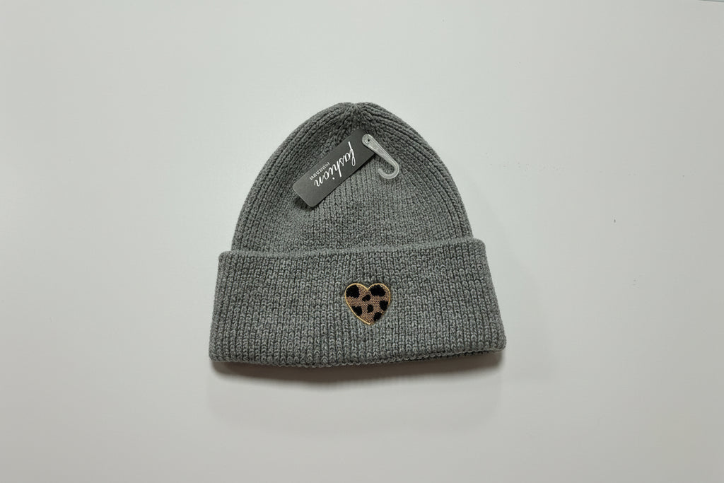 Grey Knit Beanie with Leopard Heart