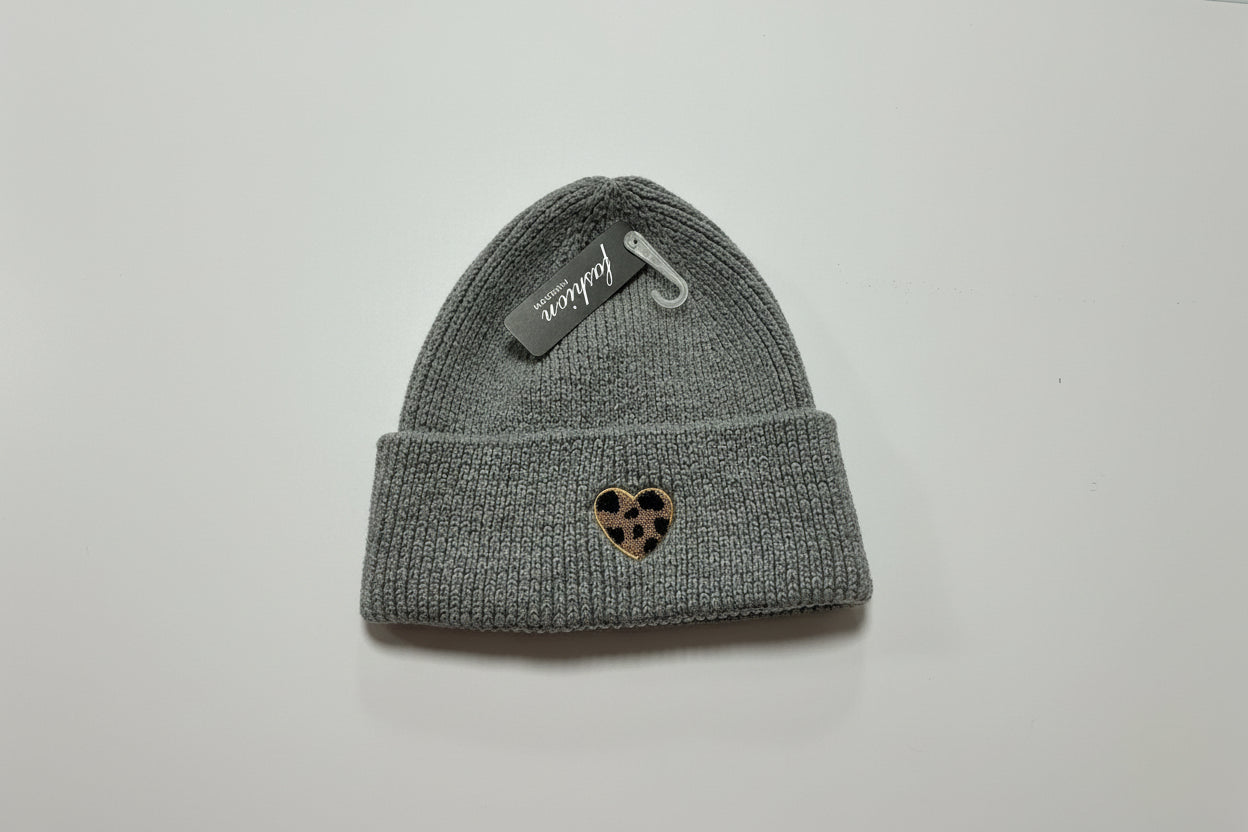 Grey Knit Beanie with Leopard Heart
