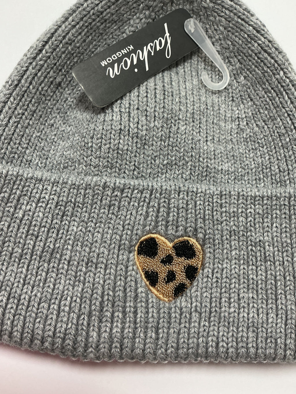 Grey Knit Beanie with Leopard Heart