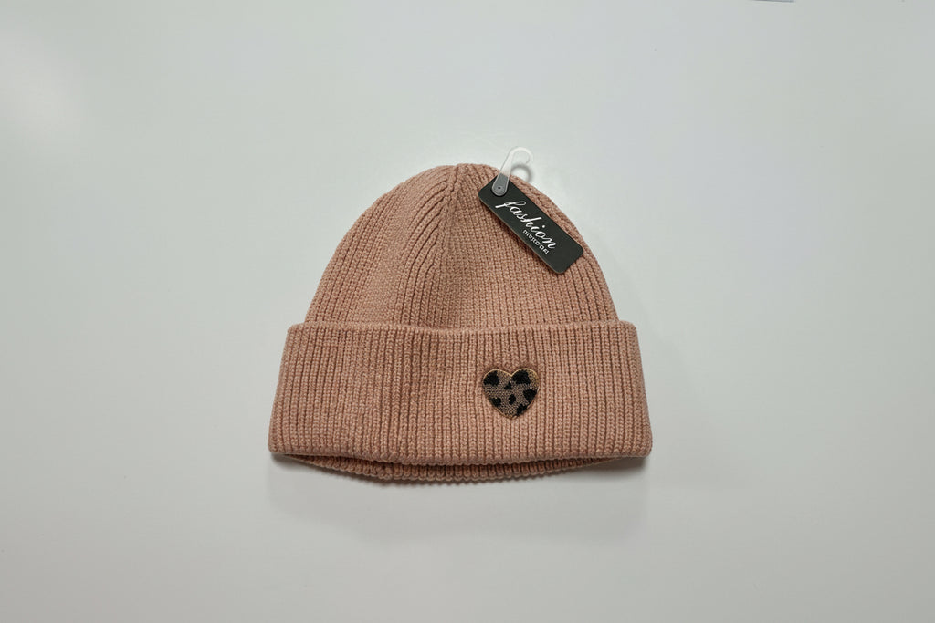 Blush Pink Beanie with Leopard Print Heart