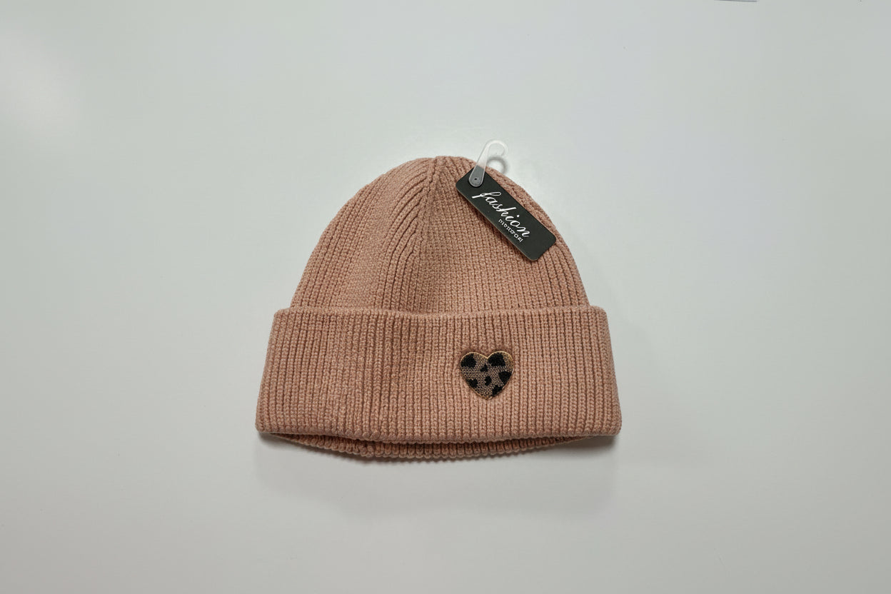 Blush Pink Beanie with Leopard Print Heart