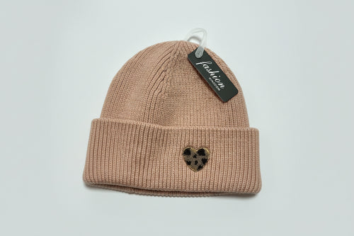 Blush Pink Beanie with Leopard Print Heart
