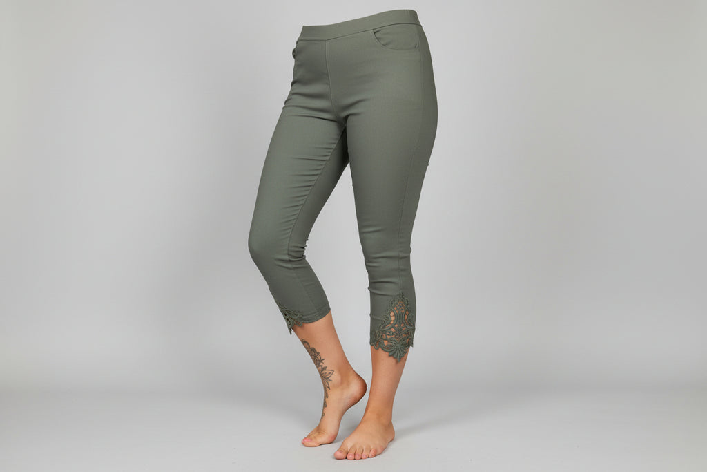 3/4 Length Capri Trousers with Side Lace Detail - Khaki