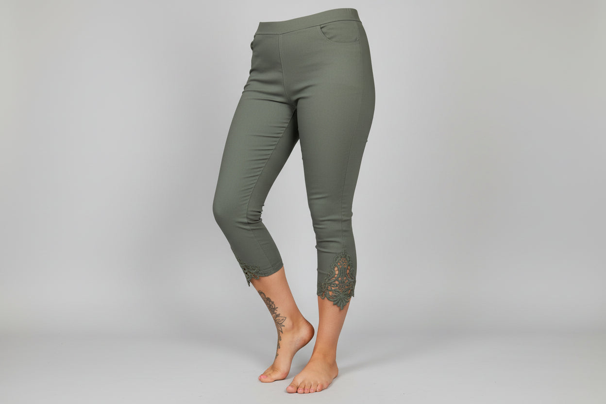 3/4 Length Capri Trousers with Side Lace Detail - Khaki