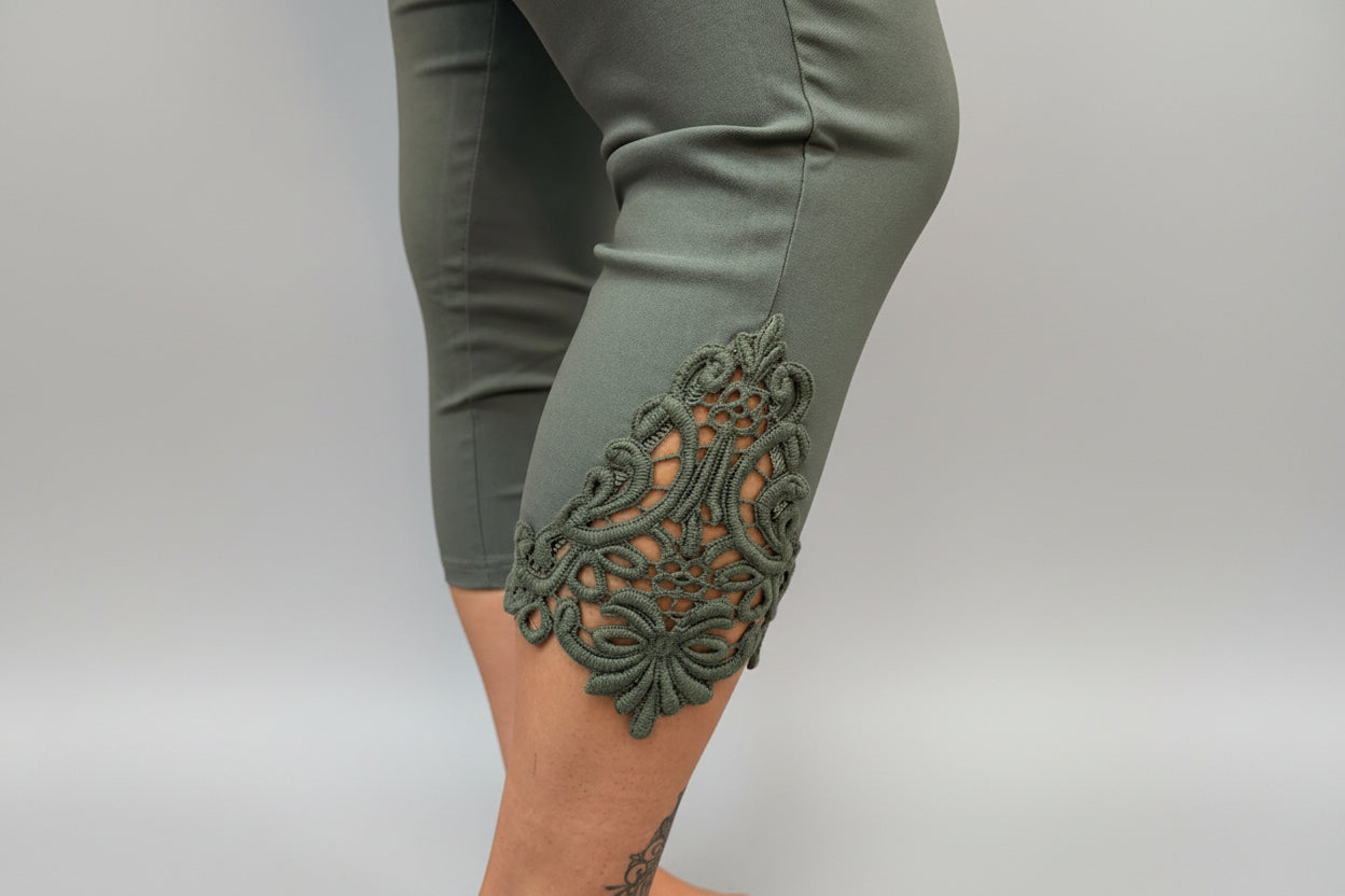 3/4 Length Capri Trousers with Side Lace Detail - Khaki