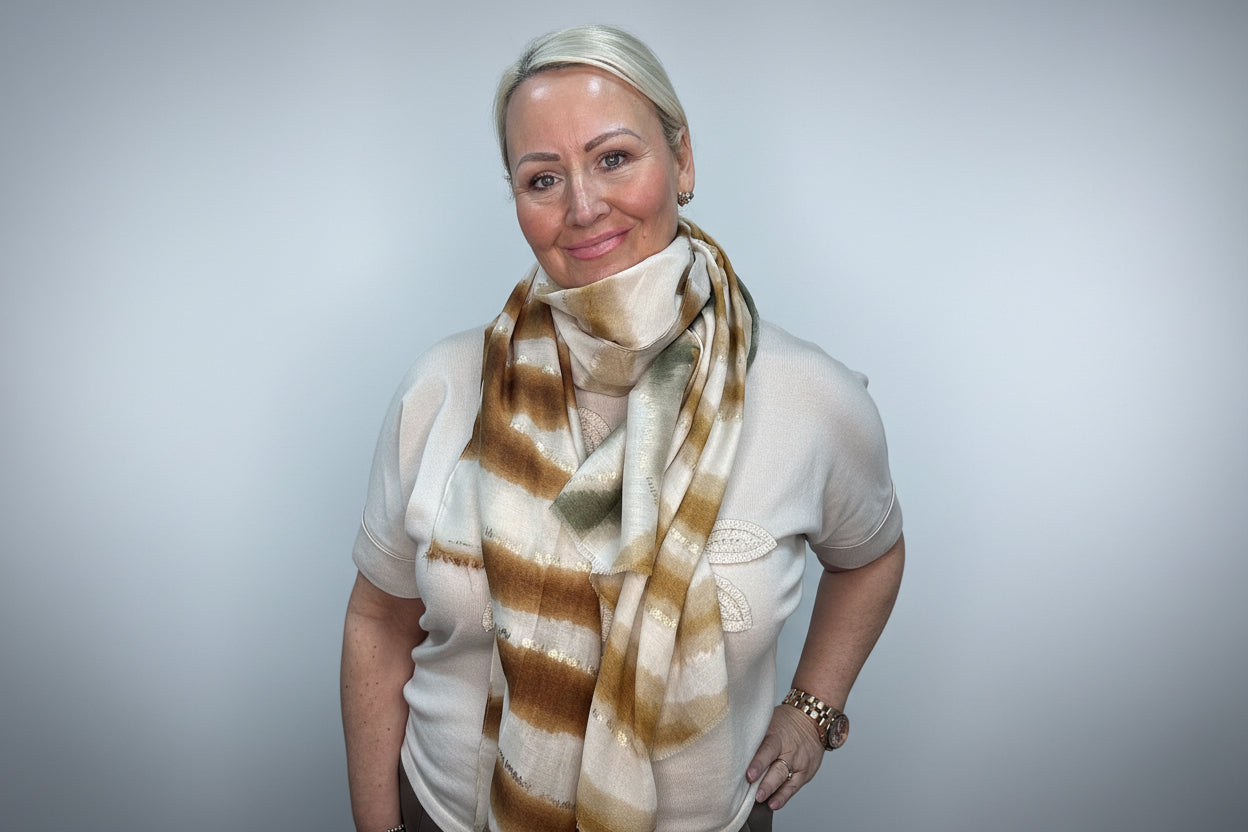 Khaki Tan Cream Metallic Gold Lightweight Scarf