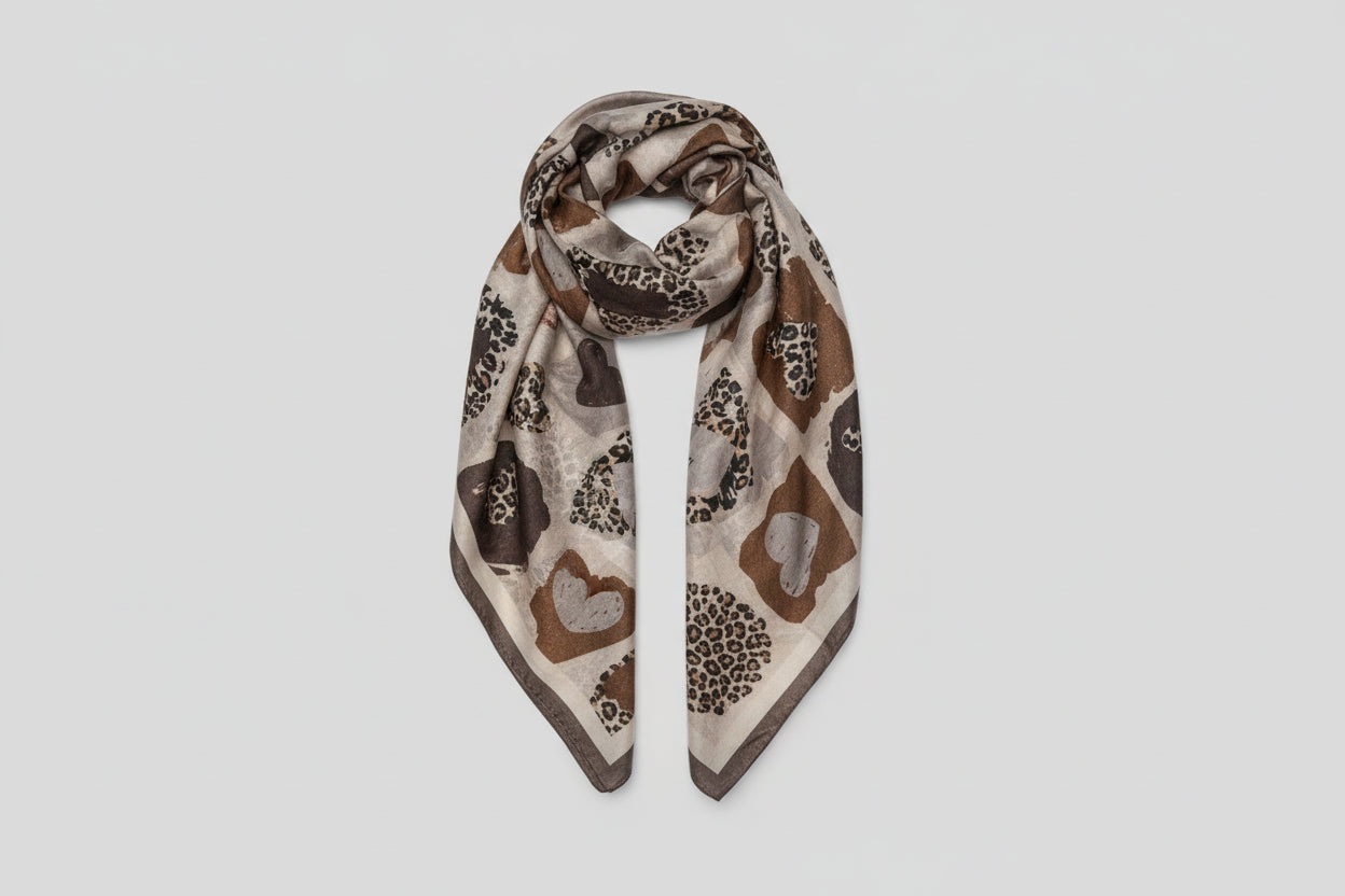 Tan and Chocolate Heart Leopard Print Lightweight Scarf