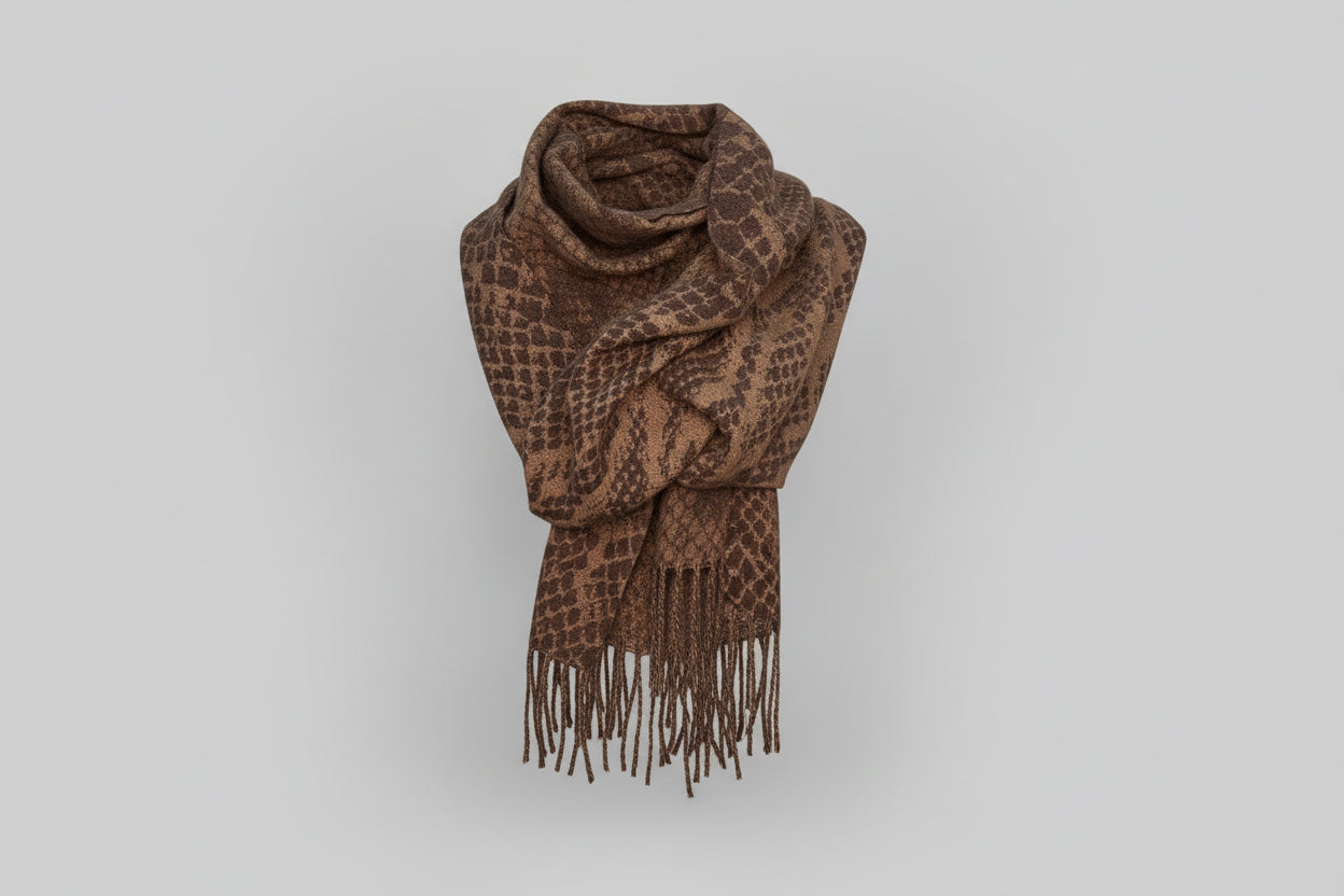 Chocolate and Dark Tan Snake Print Tassel Scarf