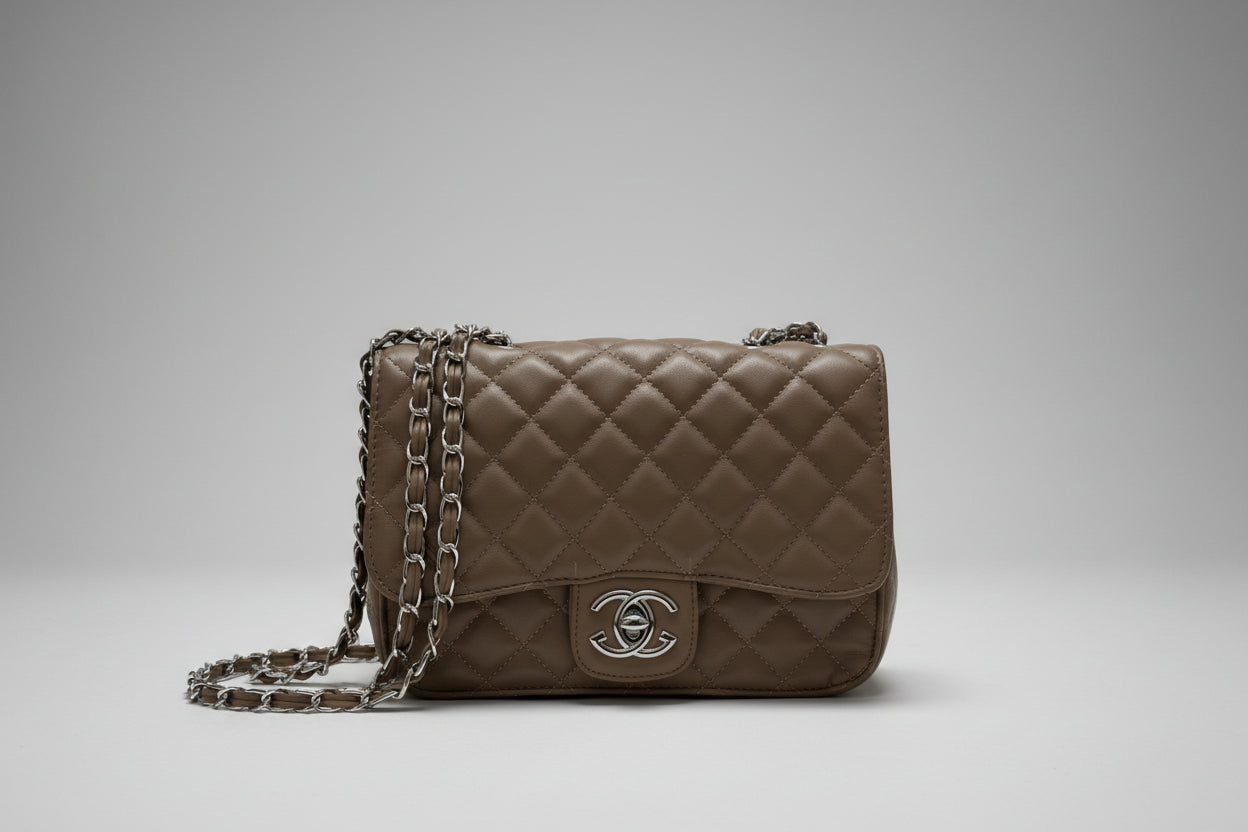 Taupe Quilted Chain Shoulder Bag
