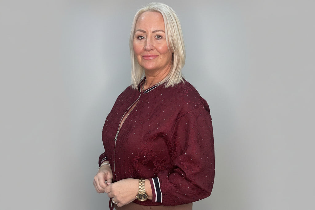 Berry Bomber Jacket with Striped Trim