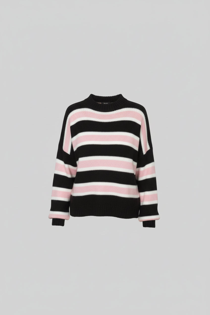 Black, Pink and White Striped Soft Knit Top
