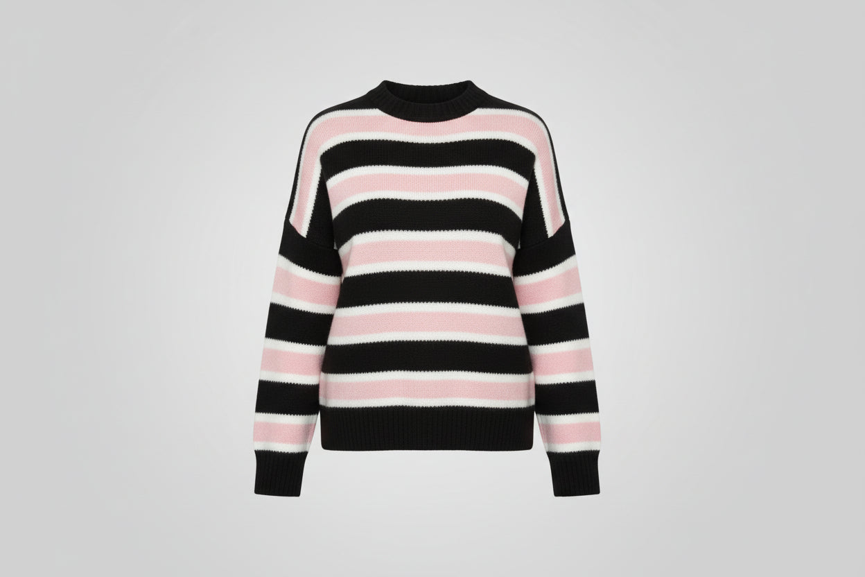 Black, Pink and White Striped Soft Knit Top