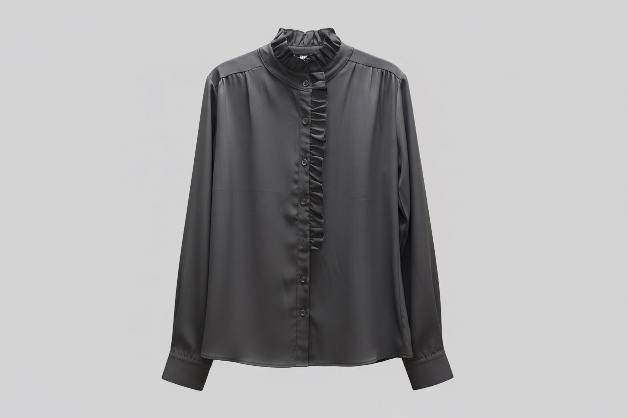 Black Button Blouse with Ruffle Detail