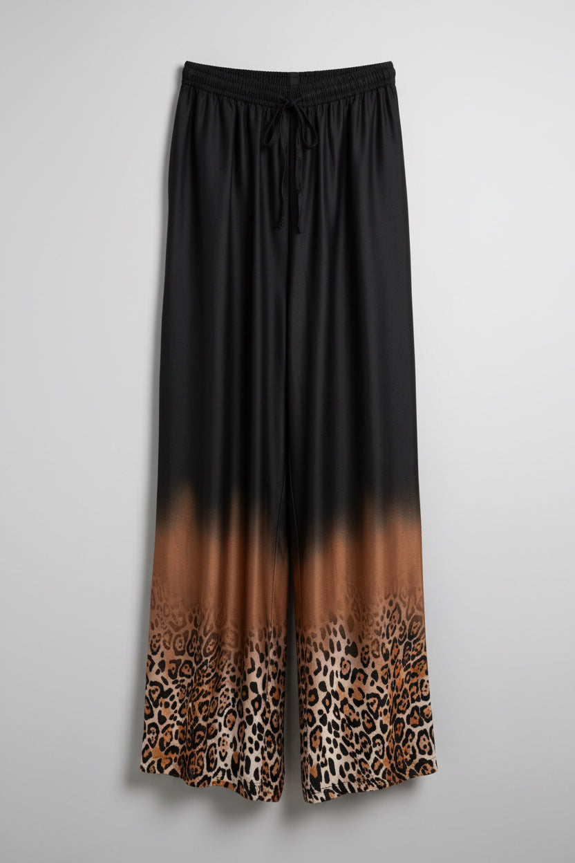Wide Leg Ombré Leopard Print Trousers - Black Bronze