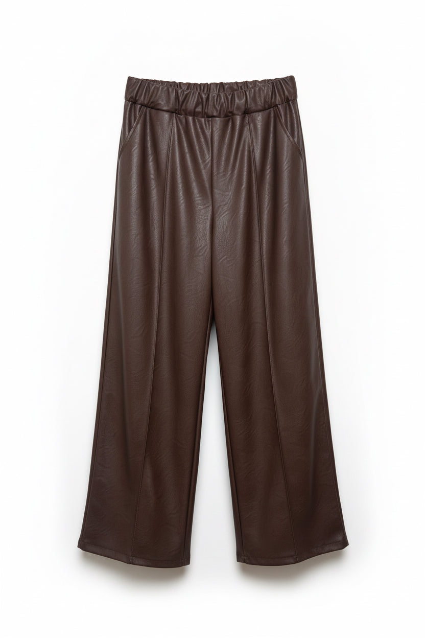 Faux Leather Wide Leg Trousers - Front Seam Detail