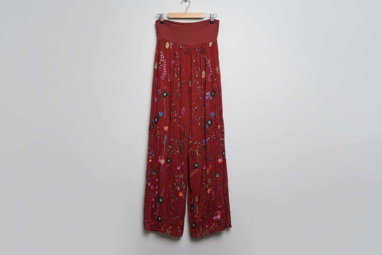 Rust Embroidered Flower Wide Leg Trousers