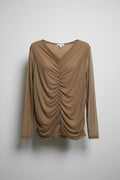 Tan Ruched Top with Sheer Sleeves