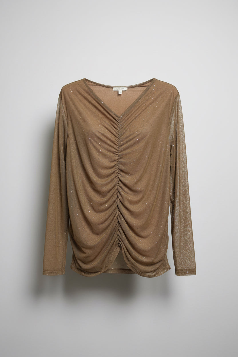 Tan Ruched Top with Sheer Sleeves