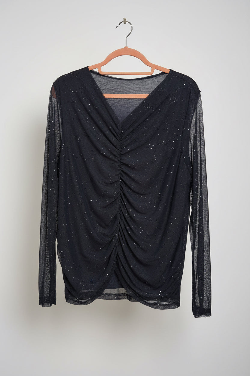 Navy Sparkle Sheer Sleeve Ruched V-Neck Top