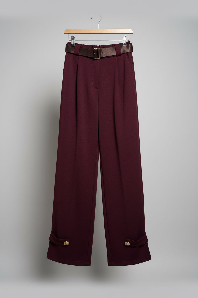 Soft Fabric Trousers with Belt - Berry