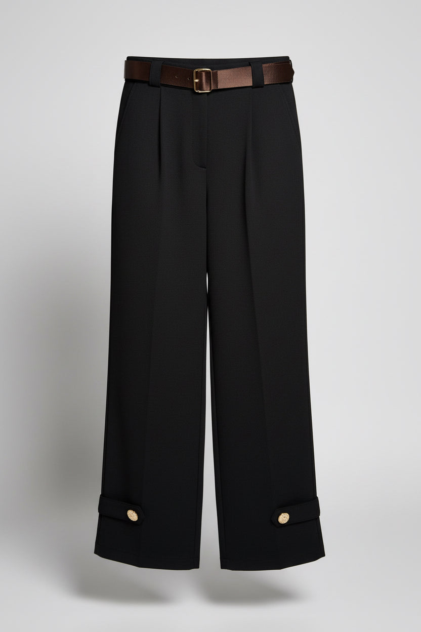 Black Soft Fabric Trousers with Gold Ankle Detail