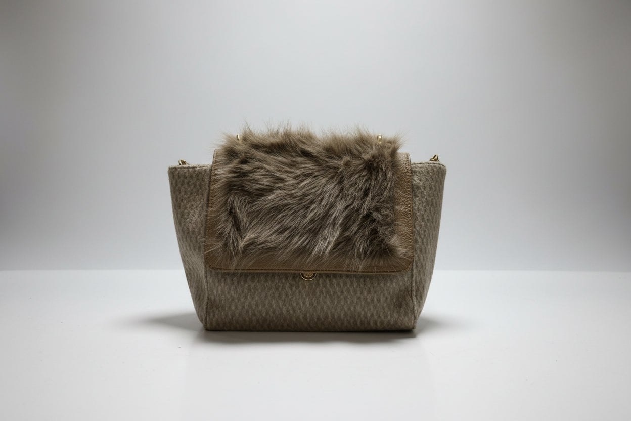 Mocha & Tan Textured Bag with Faux Fur Detail